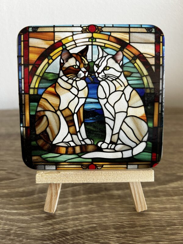 Set van 4 onderzetters katten glas in lood.