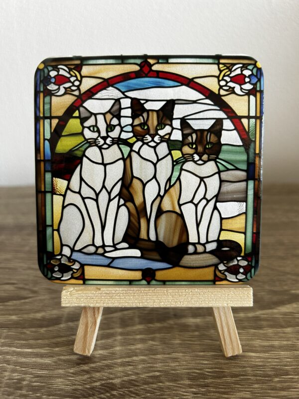 Set van 4 onderzetters katten glas in lood. - Afbeelding 2