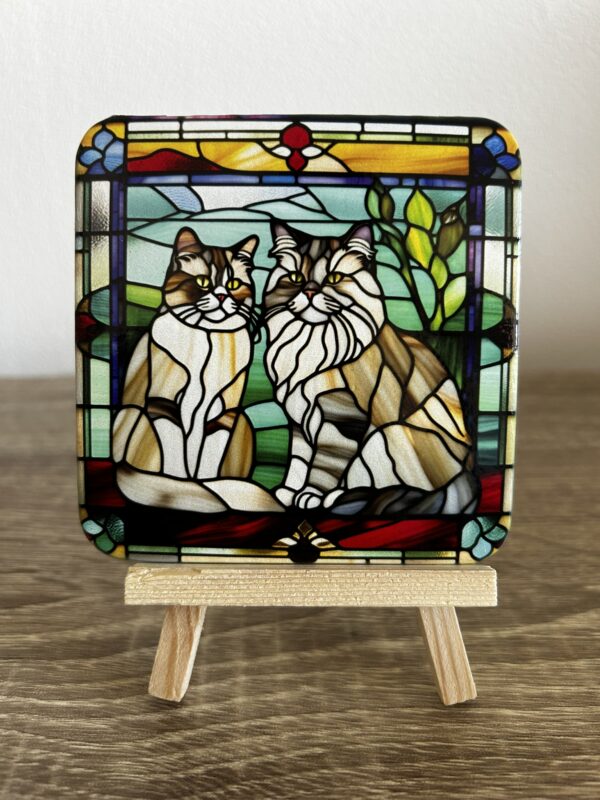 Set van 4 onderzetters katten glas in lood. - Afbeelding 3