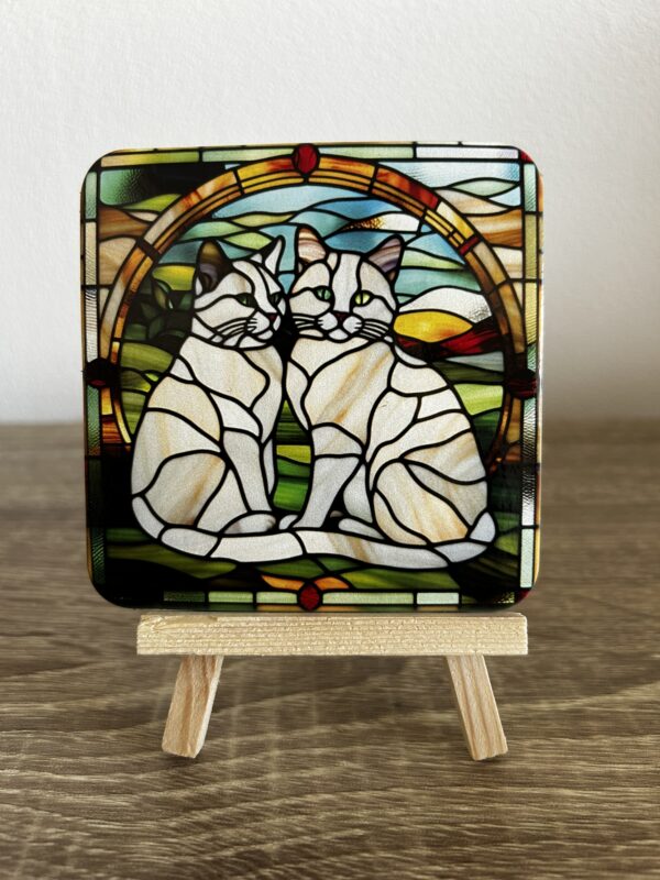 Set van 4 onderzetters katten glas in lood. - Afbeelding 4